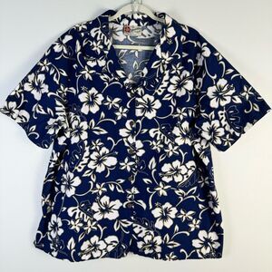 Hilo Hattie Hawaiian Shirt Navy Blue White Tan Floral Bold Button Front Shirt 1X